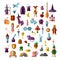 Flat vector set of fabulous magical halloween items. Book, magic ball, wizard hat, bottles with elixirs, castle