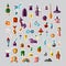 Flat vector set of fabulous magical halloween stickers. Book, magic ball, wizard hat, bottles with elixirs, castle