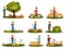 Flat vector set of farmer characters working outdoor. People engaged in gardening. Man picking apples. Woman feeding