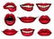 Flat vector set of female lips with bright red lipstick. Icons of women s mouths. Design for print, mobile app, sticker