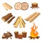 Flat vector set of firewood. Logs and flame, tree stumps, wooden planks. Organic material, natural texture. Wood