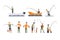 Flat vector set of fishing people with fish and equipment. Fishermen in boats with fishing rods. Outdoor activity