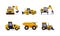 Flat vector set of heavy machinery for building. Construction equipment. Yellow excavator, tractor, dump truck, backhoe