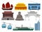 Flat vector set of Hong Kong travel elements. Traditional and modern Chinese building, statue of Big Buddha, popular