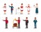 Flat vector set of hotel staff. Maid with clean towels, manager, bellboy with luggage trolley, doorman, chef of