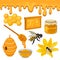 Flat vector set of icons related to honey production theme. Bee on flower, honeycomb, hive, glass bowl and jar, wooden