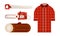 Flat vector set of icons related to lumberjack theme. Checkered shirt, wood log and woodworking tools electric and hand