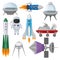 Flat vector set of icons related to space theme. Alien saucers, rockets, astronaut in suit, Mars exploration rover and