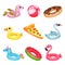 Flat vector set of inflatable swimming accessories. Rubber ball. Rings in various shapes pegasus, donut, swan, duck