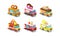 Flat vector set of isometric food trucks. Vans with pretzel, doughnut, soup, french fries and soda, Japanese box and