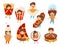 Flat vector set of kids in food costumes. Cute boys and girls with happy face expressions. Children in carnival outfit