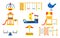 Flat vector set of kids playground elements. Carousels, slides, ladders, wooden sandbox. Play equipment for active