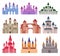 Flat vector set of large fairy tale castles. Medieval palaces with high towers and conical roofs