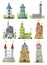 Flat vector set of large fairy tale castles. Medieval palaces with high towers and conical roofs. Fortresses or