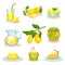 Flat vector set of lemon food and drinks. Bright yellow citrus fruit. Tasty desserts and fresh lemonade