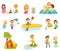 Flat vector set of little kids doing different activities. Fishing, cooking marshmallow on fire, picking flowers