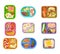 Flat vector set of lunch boxes plastic trays with delicious meal. Appetizing food. Salmon fish, fresh vegetables, eggs