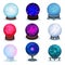 Flat vector set of magic balls. Colorful glass spheres. Object for prediction of the future. Elements for mobile game or