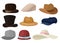 Flat vector set of man and woman hats. Stylish male and female headwear. Baseball cap and elegant panama. Fashion theme