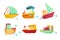 Flat vector set of marine vessels with adorable faces. Small wooden ships and sailing boats. Elements for children book