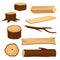 Flat vector set of materials for wood industry. Old tree stumps and branch, long beam and planks, wooden log. Natural