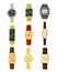 Flat vector set of mechanical and digital wrist watches. Stylish accessory. Electronic devices