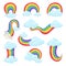 Flat vector set of multicolored rainbows with blue fluffy clouds. Decorative wall stickers for children room