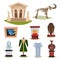 Flat vector set of museum exhibits. Mammoth skeleton, ceramic vases, clothes, golden crown, famous painting and column