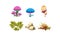 Flat vector set of natural landscape elements for computer or mobile game. Magic mushrooms, green plant, stones and tree