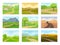 Flat vector set of natural landscapes with road, green meadows, houses and mountains. Outdoor scenery