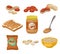 Flat vector set of peanut products. Whole and peeled nuts. Toasted bread with sweet butter, glass jar and spoon