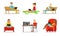 Flat vector set of people with computers. Young girls and guys using laptops. Internet users watching movie, chatting or