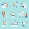 Flat vector set of people on medical examination. Doctors and patients. Professionals at work. Healthcare and treatment.