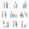 Flat vector set of people on rehabilitation. Physiotherapy clinic. Doctors working with patients. Healthcare and