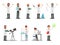 Flat vector set of people scientists. Men and women in white coats. Professionals working in laboratories. Elements for