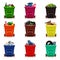 Flat vector set of plastic containers with different types of waste. Garbage bins with wheels. Icons related to trash