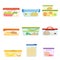 Flat vector set of plastic containers with food vegetables, fruits, sweets, macaroni. Dessert for lunch. Mashed potatoes