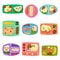 Flat vector set of plastic lunch boxes with food. Containers with meal. Mashed potatoes, fried eggs, rice, fruits and