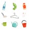 Flat vector set of plastic waste. Bottles, fork and spoon, broken clothes hanger, cup, bucket and watering can. Sorting