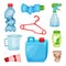 Flat vector set of plastic waste. Crumpled bottles and cup, broken hanger, cracked canister and measuring jug. Sorting