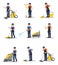 Flat vector set of professional cleaners with different equipment. Young men and women in working uniform. Cleaning