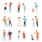 Flat vector set of quarreling people. Loud public scandal. Men and women screaming at each other. Negative emotions and