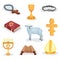 Flat vector set of religious symbols and objects. Jewish prayer book, Torah scroll, lamb and various church attributes