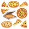 Flat vector set of round pizza, triangle slice and in cardboard box. Fast food theme. Element for promo poster, flyer or