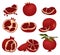 Flat vector set of sliced and whole pomegranates. Organic and tasty fruit full of juicy seeds. Natural food