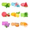 Flat vector set of soap with different aromas: sea freshness, watermelon, lime, strawberry, lemon, orange, aloe, honey