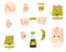 Flat vector set of soy products characters with cute faces. Milk and cream, cup of yogurt, soybeans and meat, tofu and
