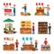 Flat vector set of street vendor selling various products. Seller near cart. Local farmers market. Fresh food on