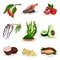 Flat vector set of superfood. Goji and acai berries, avocado, coconut, spirulina grass, chia seeds, guarana, ginger and
