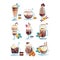 Flat vector set of tasty coffee drinks in transparent cups and glasses. Delicious hot and chilled beverages with